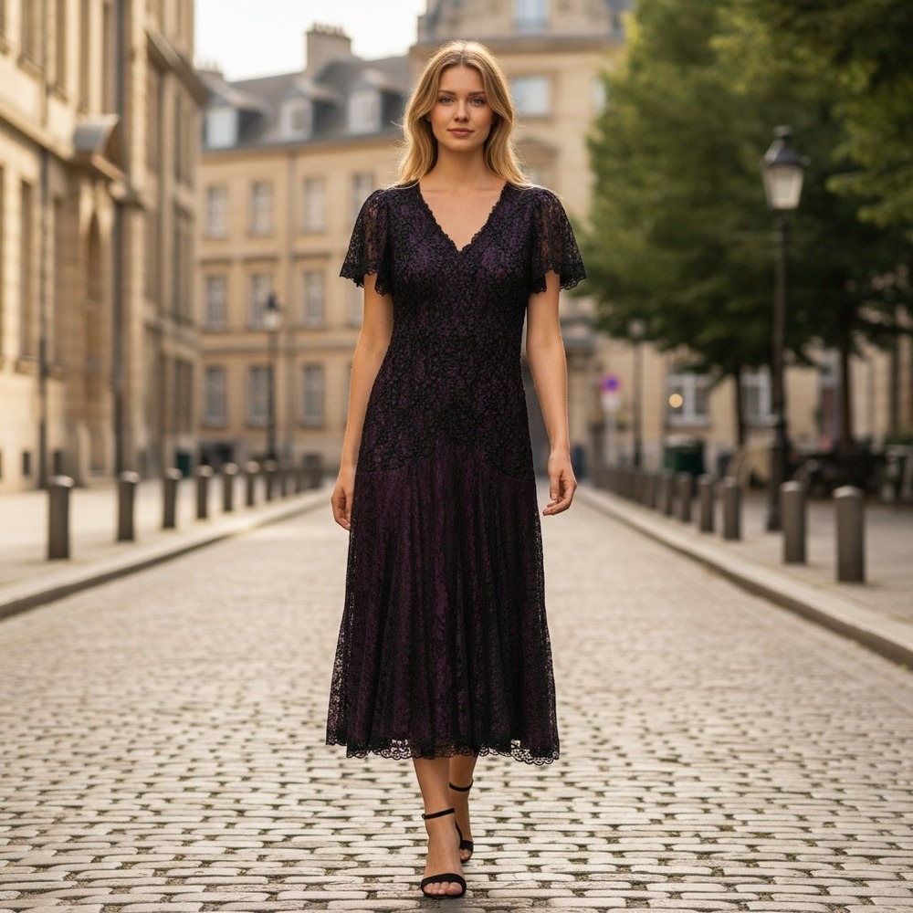 Vintage Black Purple Lace Sequin Ribbon Rosette Evening‎ Gown Tea Length Dress
